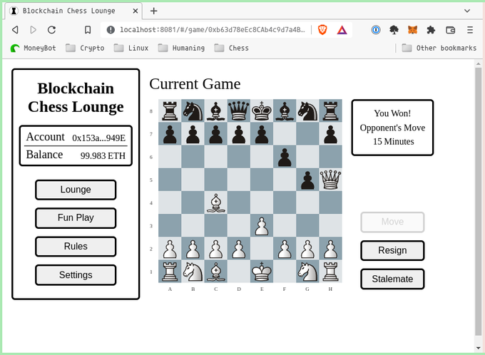 TheChessLounge's tweet photo. Finally have a working game!  Still lot's of work to do.  Going to launch on Rinkeby this week.  Let me know if you want to help with beta-testing.  @_buildspace https://t.co/i3erlq2f4I