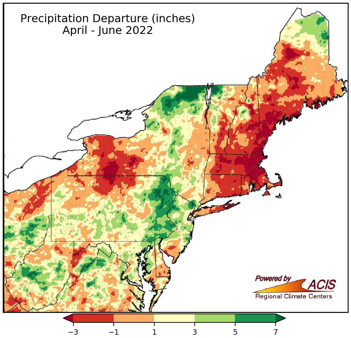 After a dry Apr-Jun period, much welcomed rain 🌧️ will fall this week across interior Northeast, with a broad area of 1-2" of precip in the forecast. However, lighter amounts are currently expected in coastal New England, where moderate to locally severe drought is ongoing. 🏜️
