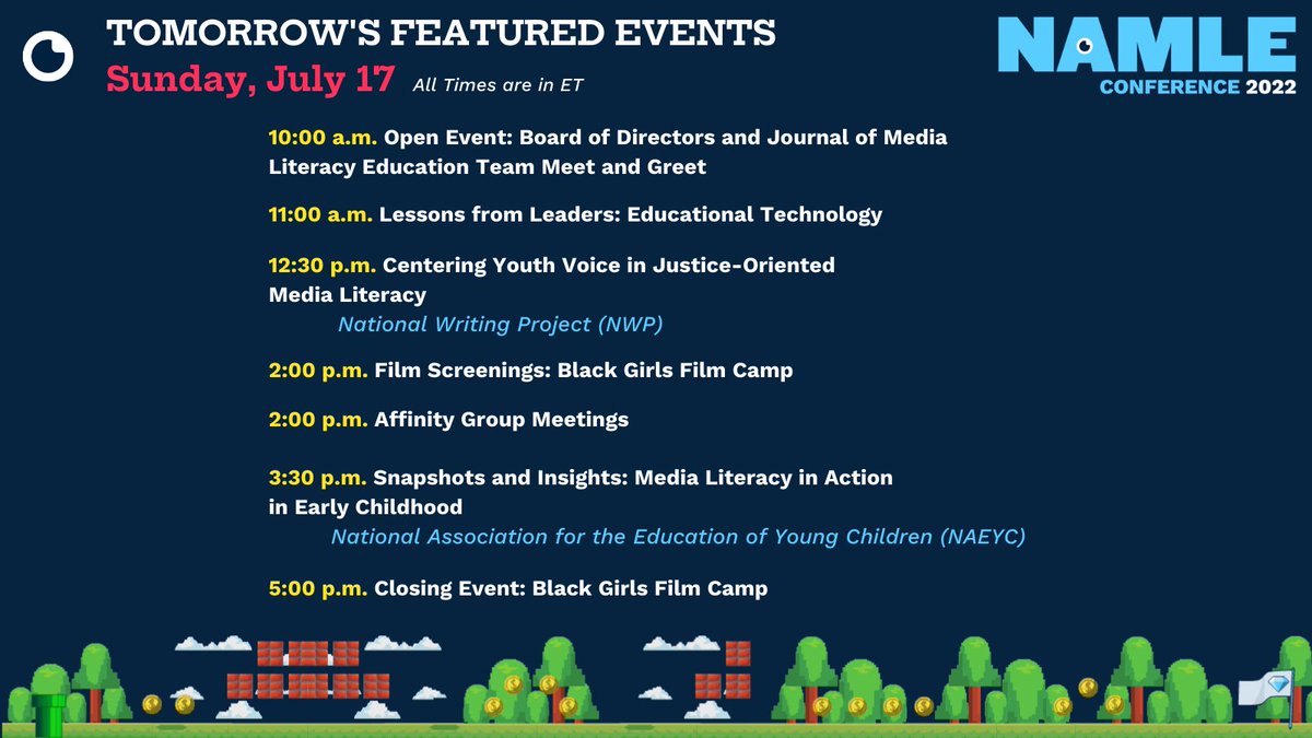 MediaLiteracyEd's tweet photo. Check out the #NAMLE22 Conference Sunday featured events 👇

You're still able to register if you haven't already! Join us 👉 https://t.co/QLS7ngmcME

#medialiteracy #edchat #teachertwitter #education #levelup https://t.co/Z3ocAaDUAQ