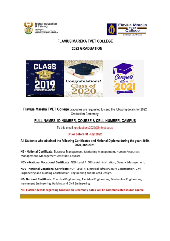 FMTVET's tweet photo. Flavius Mareka TVET College Graduates, please send your details as soon as possible before the closing date, Don't Miss This Opportunity !!!!!!! See the Invites below:
#graduation2022#StudyAtFlavius#EmbraceYourFuture https://t.co/eWiYiy1mwS