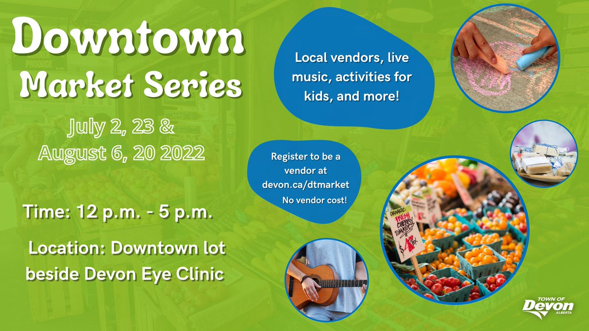 Our July 23 Downtown Market is fast approaching! The market will run from 12 - 5 p.m. at the empty lot beside the Devon Eye Clinic. We have 30 vendors already signed up! Stay tuned for the full vendor list.

Find more info and register to be a vendor at devon.ca/dtmarket