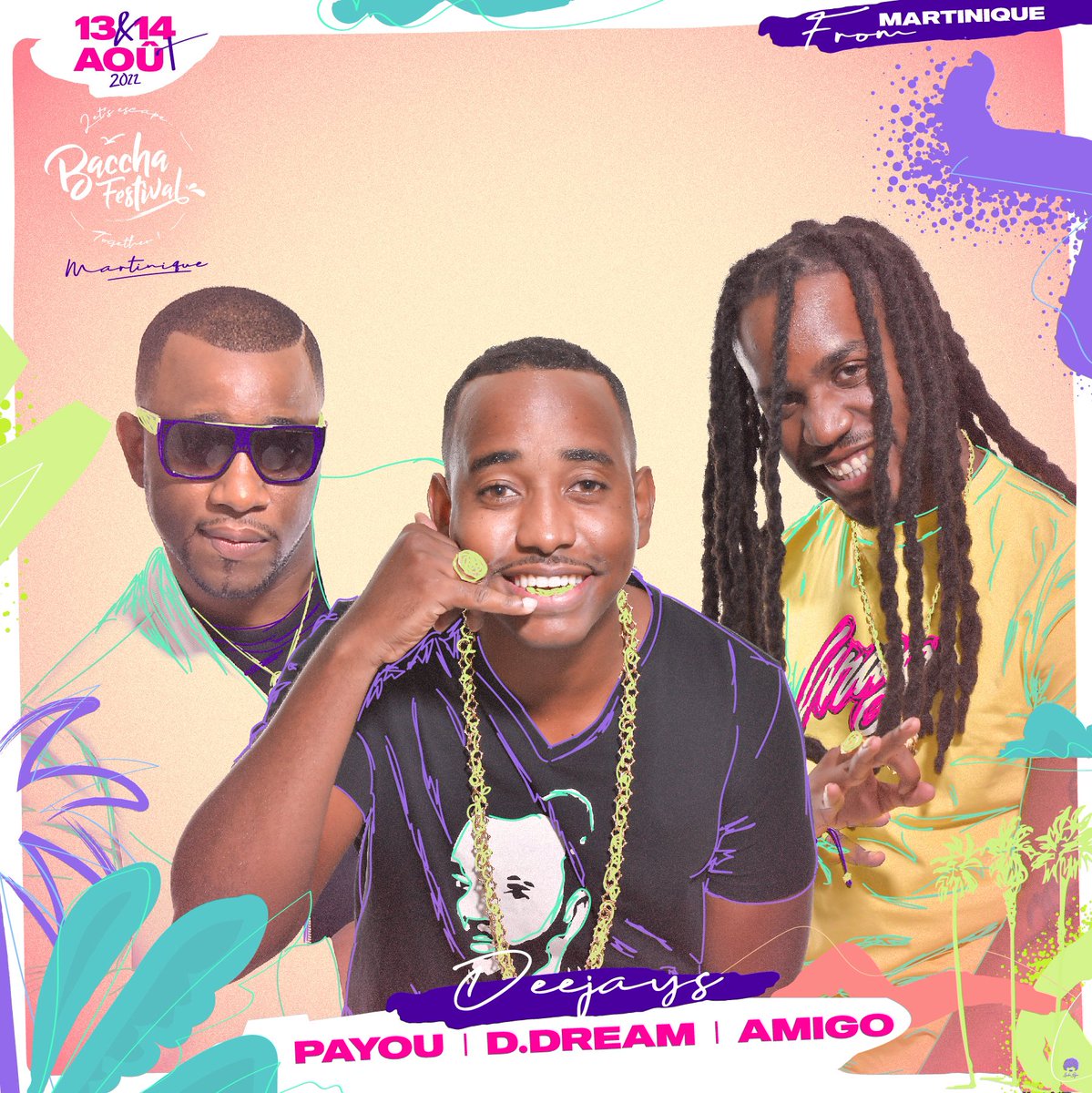 Le 1er est LE pro de Soca et de Caribbean Vibes !

Le 2ème nous fait rêver quelque soit le style musical !

Le 3ème est un acteur incontournable de la scène martiniquaise !

Welcome à <a href="/DjPayou/">Dj Payou</a>, <a href="/DDream_Officiel/">Kiik kiik ! 💨</a> et <a href="/djamigo972/">Amigo972</a> 💜

#bacchafestival2022 #martinique