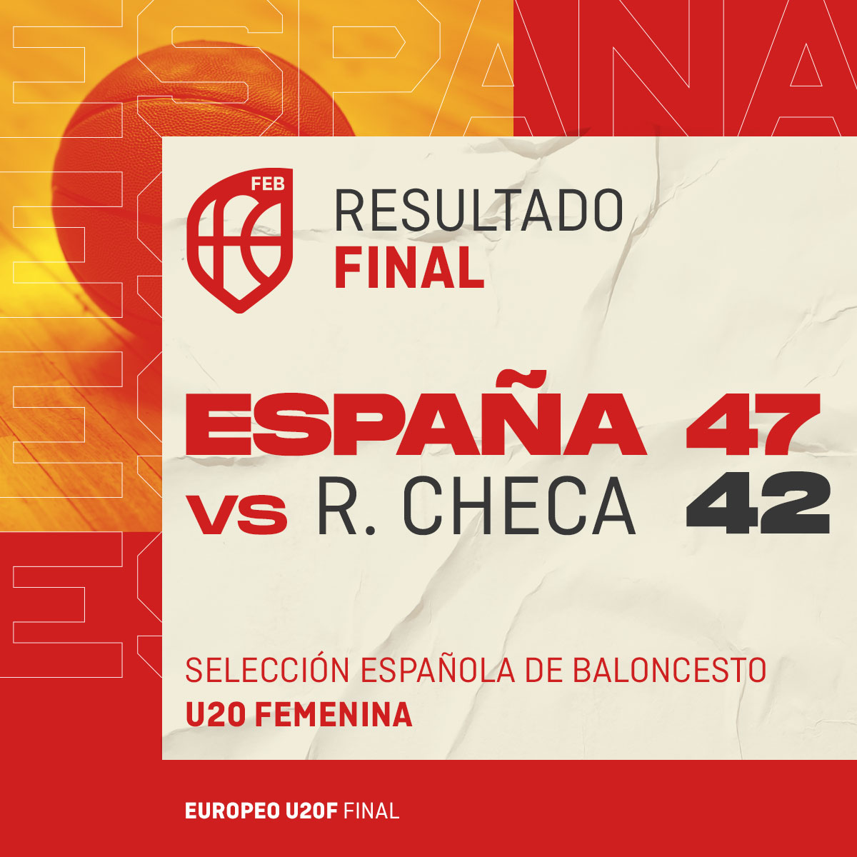 Un día HISTÓRICO ‼️ 

La #U20F 🇪🇸 es CAMPEONA de Europa 😍

🏆 FINAL #FIBAU20Europe
🇪🇸🆚🇨🇿 (FINAL | 47-42)

#SomosEquipo