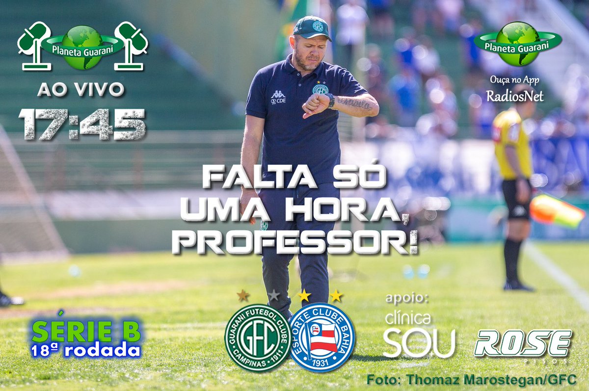 FALTA 1 HORA PRA GUARANI X BAHIA E FALTAM 15 MINUTOS PRA ABRIR NOSSA TRANSMISSÃO AO VIVO! Vem torcer com a gente, é só clicar: radios.com.br/play/118254