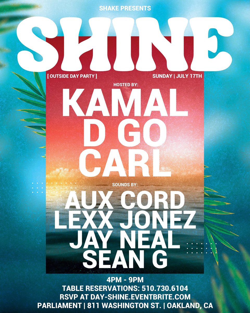 DeeJaySeanG's tweet image. TOMORROW 🌴🍾 SHINE Day Party outside 4-9pm at @811Parliament

Sounds by  @AC___STUDIOS • @LexxJonez • @JayNeal4 • @DeeJaySeanG 

Hosted by @ThaRealKamal • @GoPesos •  @incarlwetrust

RSVP/Tickets at bit.ly/3c8L9lt