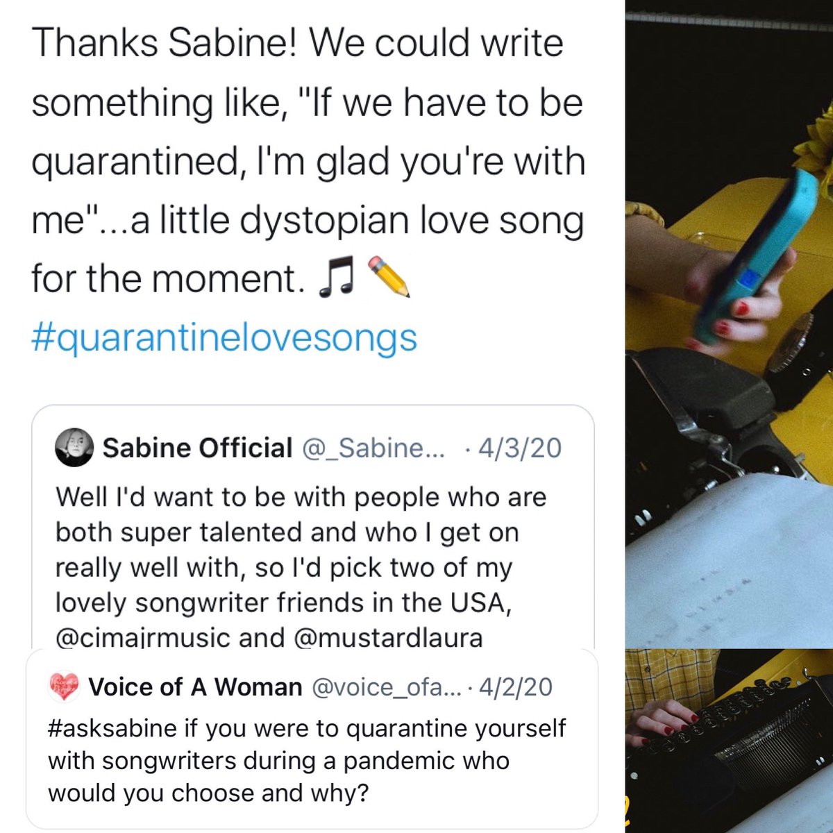 These tweets by <a href="/_SabineOfficial/">Sabine Official</a> and <a href="/voice_ofawoman/">Voice of A Woman</a> pushed me to keep working on and finish a song that I started in March 2020 that became "Love In The Time Of"! Now available for streaming! 😉 Grateful for this fun motivational push to finish my little pandemic love song!