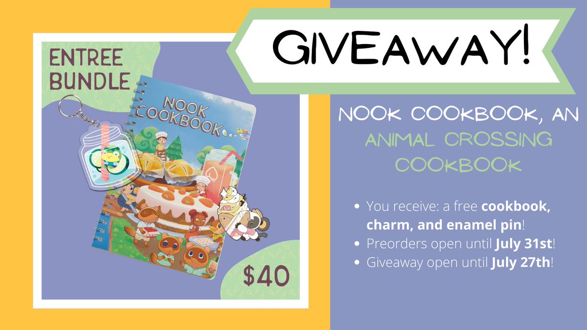 NookCookbook's tweet photo. 📢🍰 Nook Cookbook Giveaway! 
We’re giving away a free entree bundle! An entree bundle includes the physical zine, a charm, and an enamel pin! To enter, follow the instructions below!

- Retweet this tweet
- Follow us!

📆 July 16th  - July 27th 
🛒 https://t.co/1qy8DP4nah https://t.co/M17QVci4xj