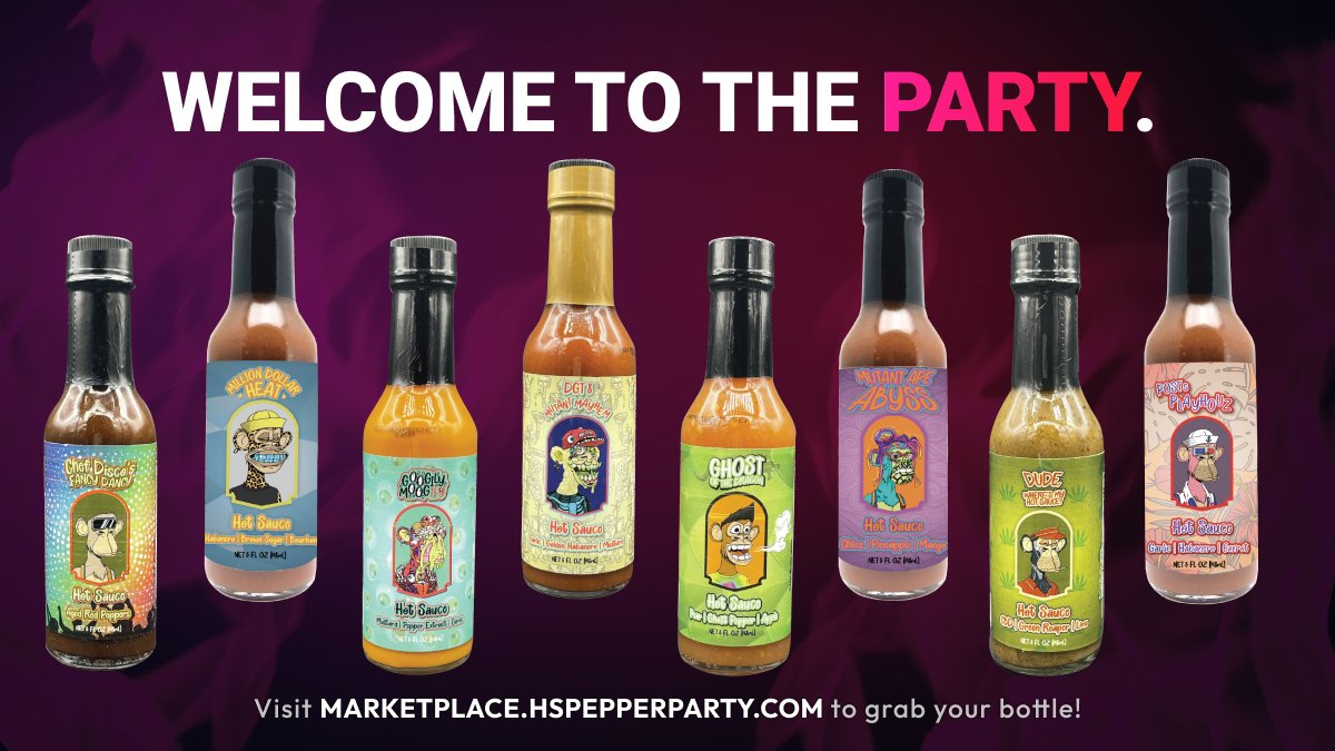 hspepperparty's tweet photo. You've been to the #Otherside. Now, how about some lunch? 🌶🔥🎉
Our latest round of BAYC/MAYC holders are live on https://t.co/bRn2F2qSzC making us officially the largest group producing IRL hot sauces for Apes. We've only just begun.
#GenerativeCollection next week! ✨ https://t.co/KIOG9HmAls