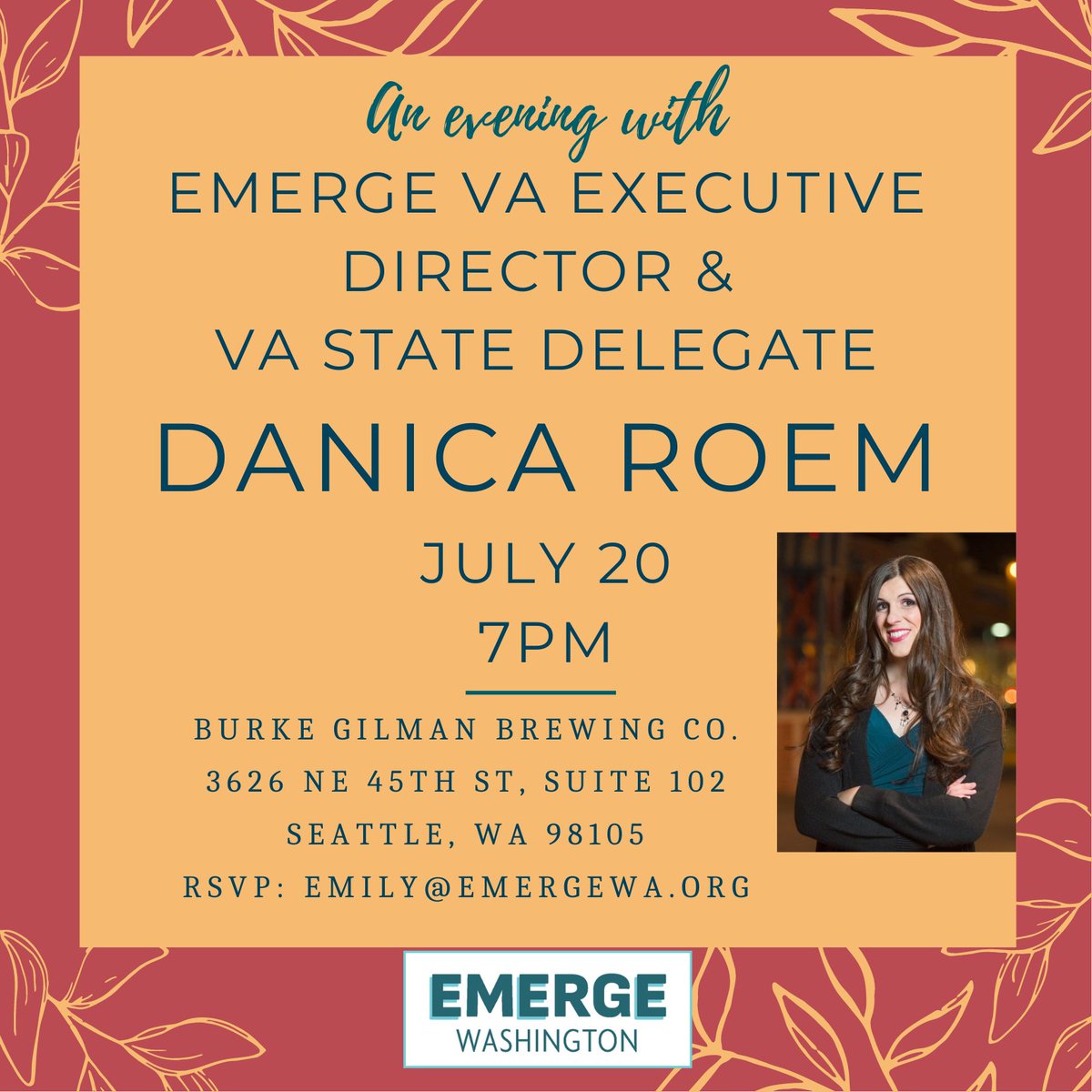 Join us this Wednesday to meet the amazing Danica Roem! <a href="/pwcdanica/">Sen. Danica Roem</a> #emergewa