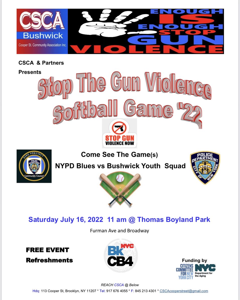 NYPD83Pct's tweet photo. Our XO, Captain Claxton was joined by 83 Officers for “Stop The Gun Violence Softball Game” at Thomas Boyland Park. We had a great time playing against the talented girls of Quebradillas’ Softball Team. #CommunityAndPoliceWorkingTogether Thanks 2 CSCA/CB4 for such a great event! https://t.co/EKE7VDGwcA