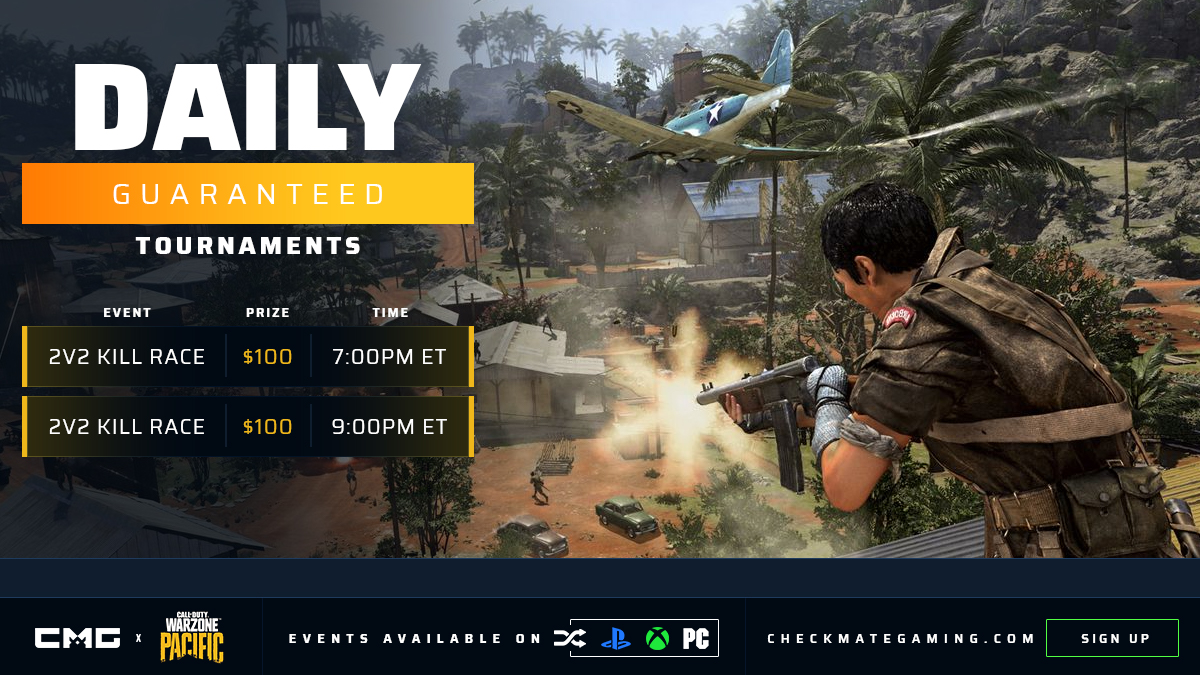 CMG_Esports's tweet photo. 🏆 TODAY'S WARZONE GUARANTEED TOURNAMENTS!

💰 Over $200 in Guaranteed Prizes

Signup Here » https://t.co/QfVacwof90

#CMG #CallofDuty #Warzone #Caldera #Tournaments https://t.co/zQCWgaKF5p