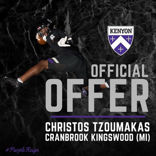 CTzoumakas's tweet photo. After a great conversation with @IanMGood i’m excited to receive an offer of full support through the admissions process from Kenyon Football!! @CNehasil40 @CoachLaF1 @CranbrookFB @UDC_Recruits https://t.co/k61UtorVqg