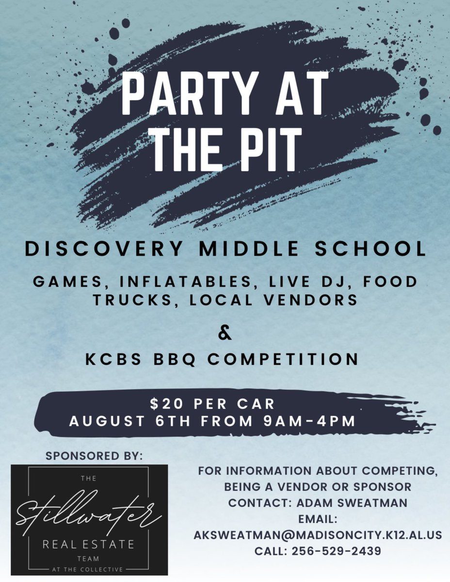 The Discovery Panthers Football team is hosting a Party at the Pit fundraiser on August 6th at DMS.  There will be amazing BBQ and fun for everyone!  Head out there and support your Panthers football team!  🐾 <a href="/FootballDms/">DMSFootball</a> <a href="/CoachSweatman/">Coach Sweatman</a>