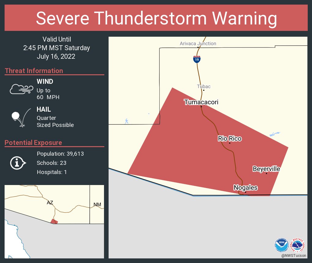 NWSTucson's tweet image. Severe Thunderstorm Warning including Nogales AZ, Rio Rico AZ and  Tumacacori AZ until 2:45 PM MST
