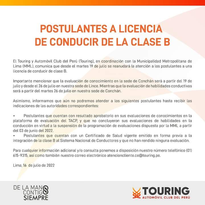 Atención Postulantes‼
👉El Touring y Automóvil Club del Perú en coordinación con la Municipalidad Metropolitana de Lima informa a los postulantes que desde el martes 19 de julio se reanudará la atención a los postulantes a una licencia de conducir clase B🚨

#Comunicado