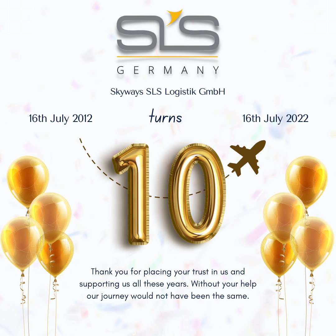 Skyways_Germany's tweet photo. Happy 10th anniversary!
Skyways SLS Logistik GmbH turns 10!
Thank you for being part of Skyways SLS's success over the years.
We greatly appreciate and value your support and ongoing trust you've placed in us.
#SkywaysGroup #SkywaysGermany https://t.co/YFWB4QirXa