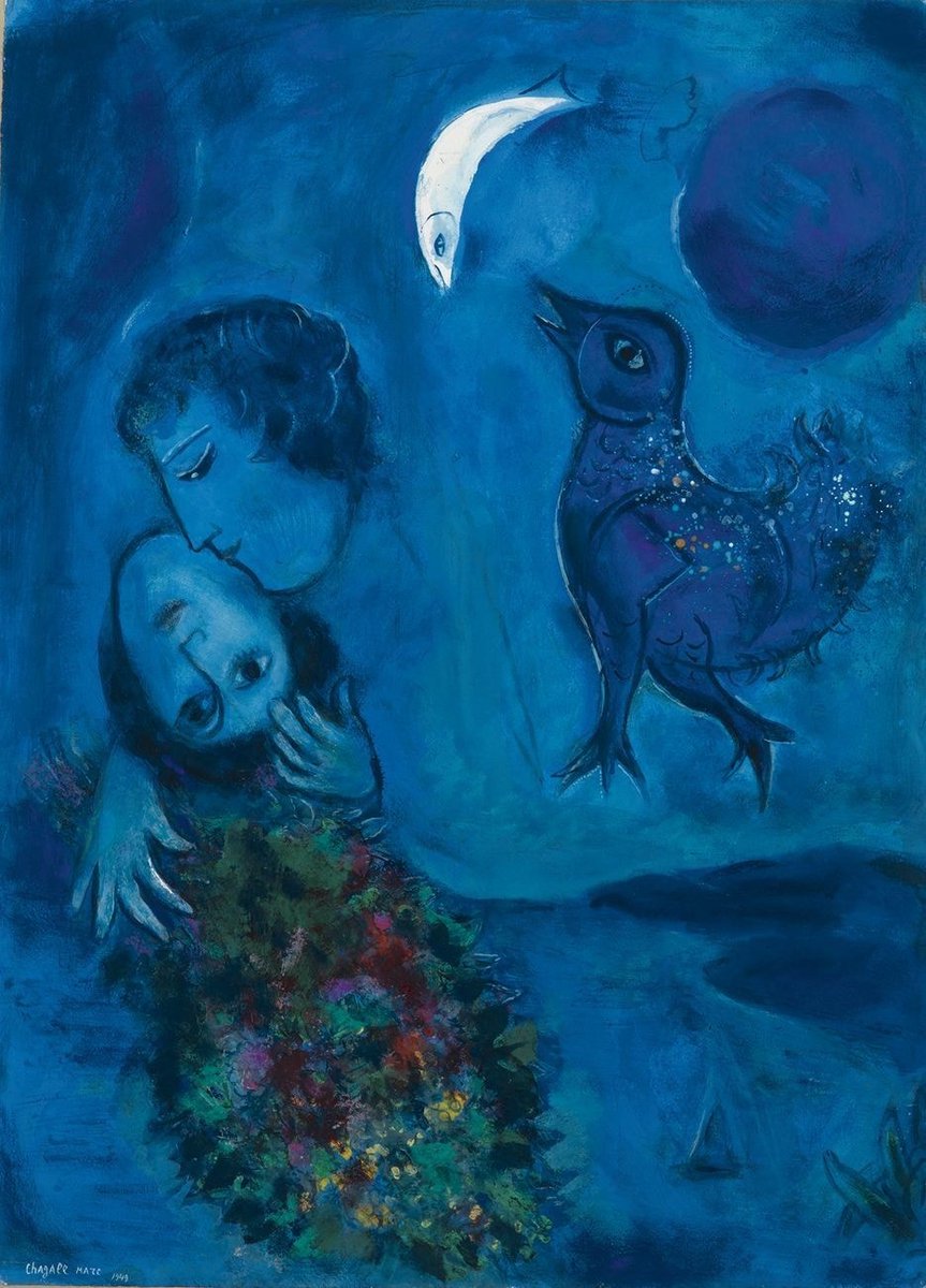 E ci incontreremo oltre le differenze invincibili, sabbie, rocce, anni, ormai soli, nuotatori celesti, naufraghi dei cieli. Pedro Salinas 💙#TeneraÈLaNotte #DonneInArte #SalaLettura Marc Chagall
