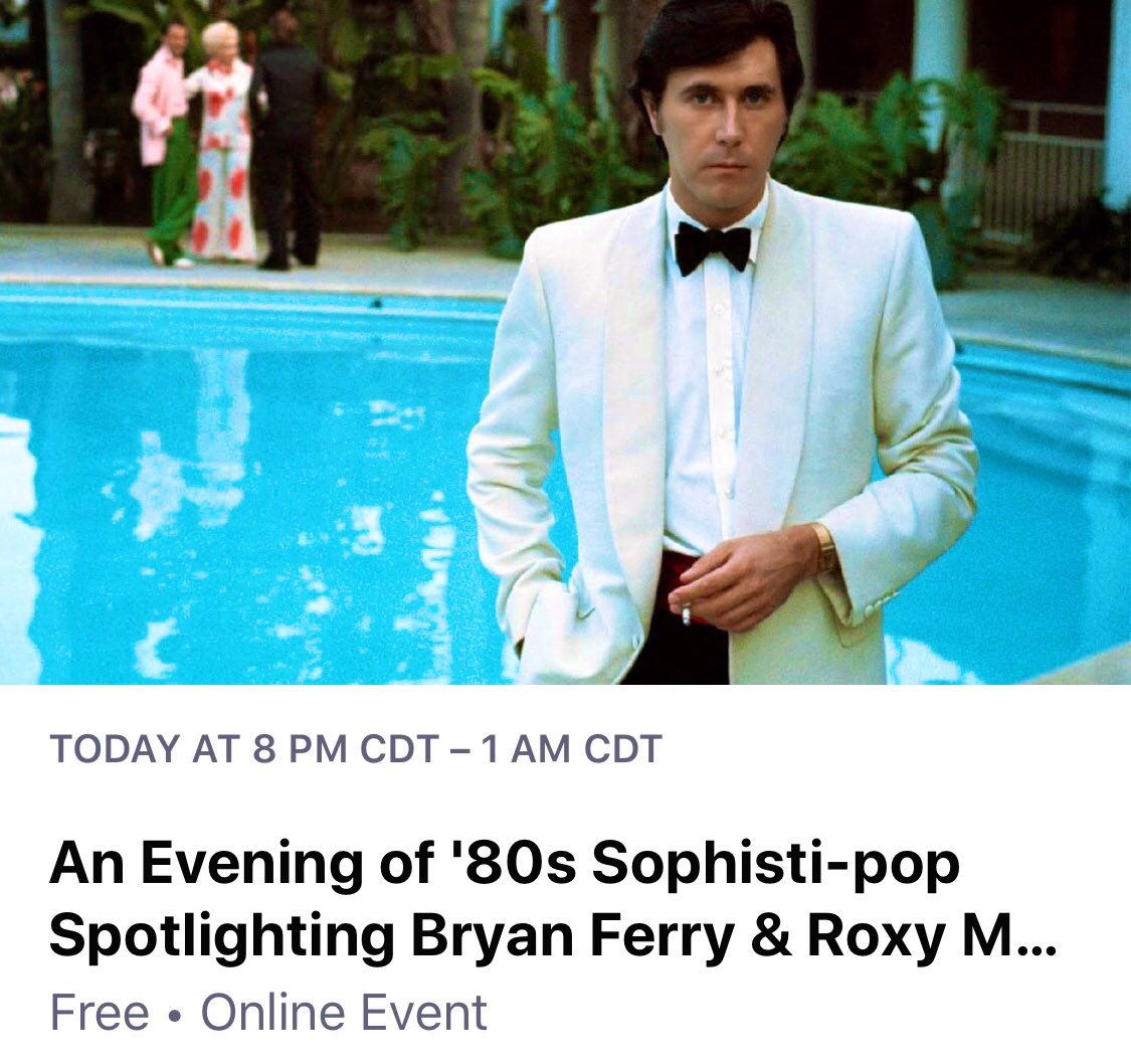 I’m going live tonight at 8pm central via twitch.tv/djjakerudh with a special ‘80s ‘Sophisti-pop’ theme spotlighting Bryan Ferry &amp; Roxy Music.🍸

Sade, Prefab Sprout, The Style Council, Level 42, Everything but the Girl, The Blue Nile, Double, Talk Talk, ABC, China Crisis, etc