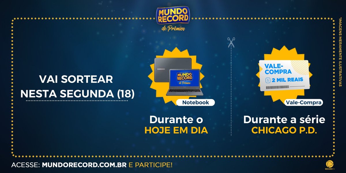 mundorecord's tweet photo. Quer começar a semana com prêmios incríveis? 🤩 Olha só o que será sorteado no #MundoRecordDePrêmios nesta segunda (18): um Notebook no @hojeemdia 💻 e um Vale-Compra de R$ 2 mil durante a série #ChicadoPD 🤑 Não perca essa chance, acesse: https://t.co/qBxcjS9IZN e assine! 😍🥰 https://t.co/Cg6HqpvxvL