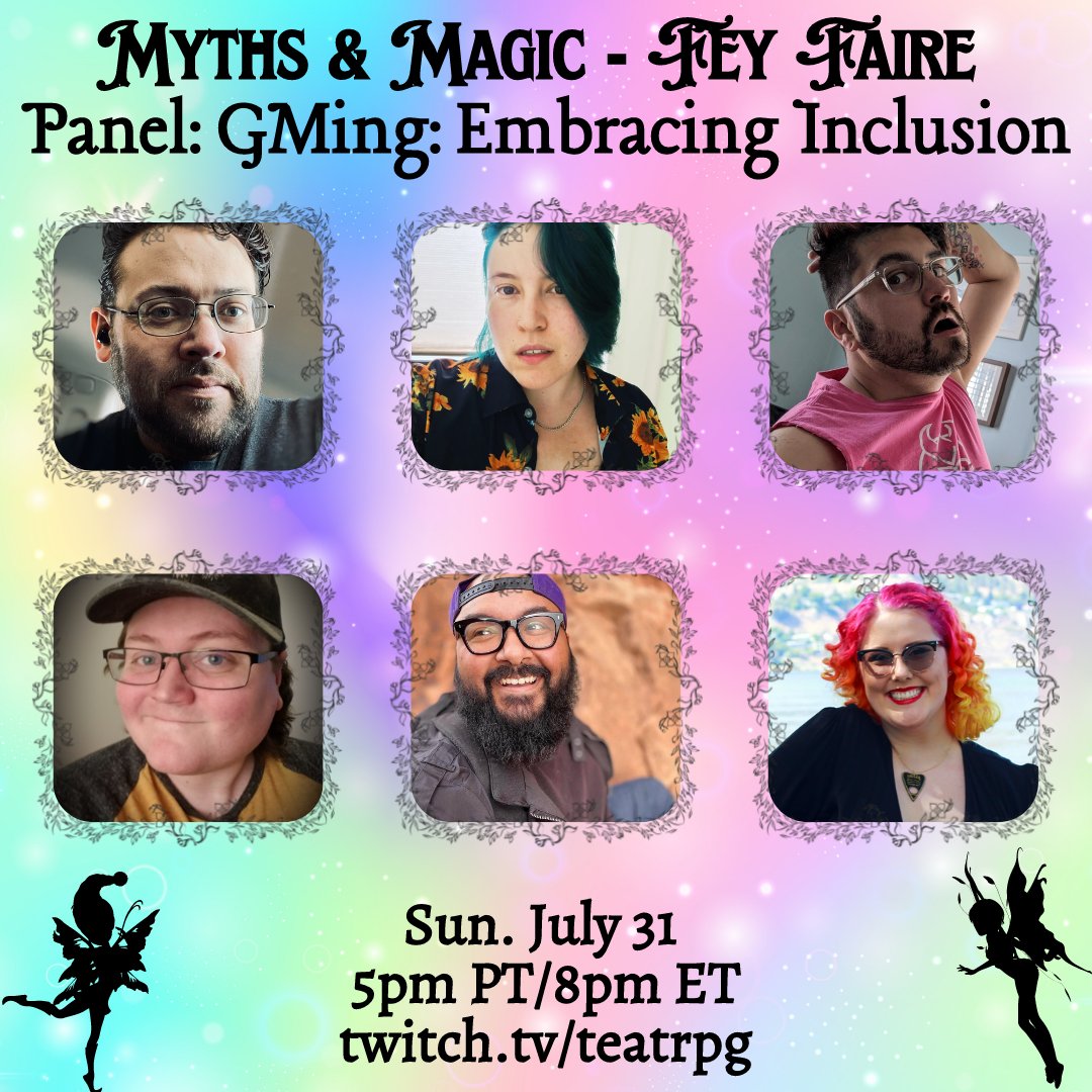 TeaTRPG_'s tweet photo. To cap off Sunday of Fey Faire, we will have a panel hosted by @CharleneBayer with a fantastic group of GMs including: @Mor_Shadi @d20xtina @miguel_classico @RileyGryc and @That_DeAngelo. Learn about their processes and how they all make playing TTRPGs fun and safe! https://t.co/cMLNLYRZMd