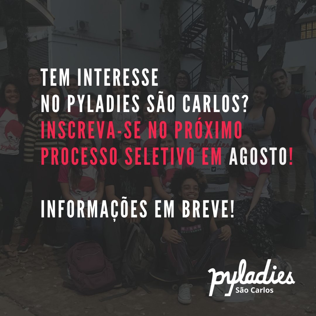 PyLadiesSanca's tweet photo. Ficou interessada no PyLadies São Carlos? Fique ligada em nossas redes sociais e não perca: o processo seletivo começará em agosto e envolverá diversas atividades integrativas.
Não deixe de participar!
#pyladies #pyladiessaocarlos #processoseletivo #mulheresnaprogramacao https://t.co/4CQycpi3Qo