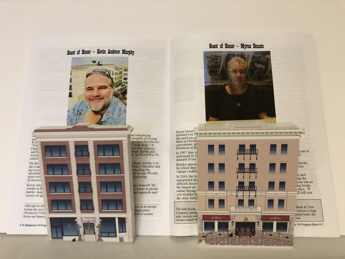 Westercon74's tweet photo. Although we didn't have them available at the Closing Ceremony, we have now sent our Guests of Honor these parting gifts: models of the hotels in which they stayed during the convention Kevin Andrew Murphy at the Belvada and Myrna Donato at the Mizpah. https://t.co/dH1IBWMwes