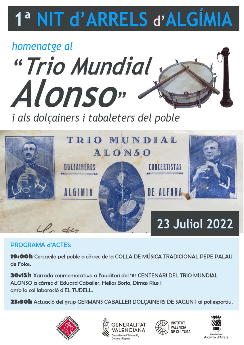 4_ferran's tweet photo. Fa temps que esperàvem un reconeixement als dolçainers d'Algímia (Camp de Morvedre), grans músics i transmissors de les nostres tradicions. Proper dissabte ens veiem a #Algímia. Rescatant el passat, gaudim del present i ens projectem cap al futur. Gràcies #Conxa Gràcies #Dimax https://t.co/JcLJGBwCpT