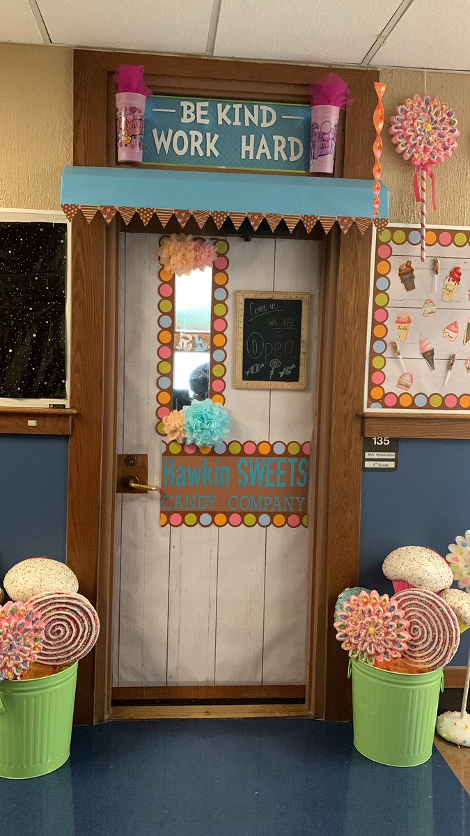 haileyhawk's tweet photo. @USD482Dighton elementary is themed “D-Town” this year. Each room is a different establishment. Welcome to the hawkinSWEETS Candy Company. 🍭🍫🍬💕 #secondgrade https://t.co/MVaLDFcgiw