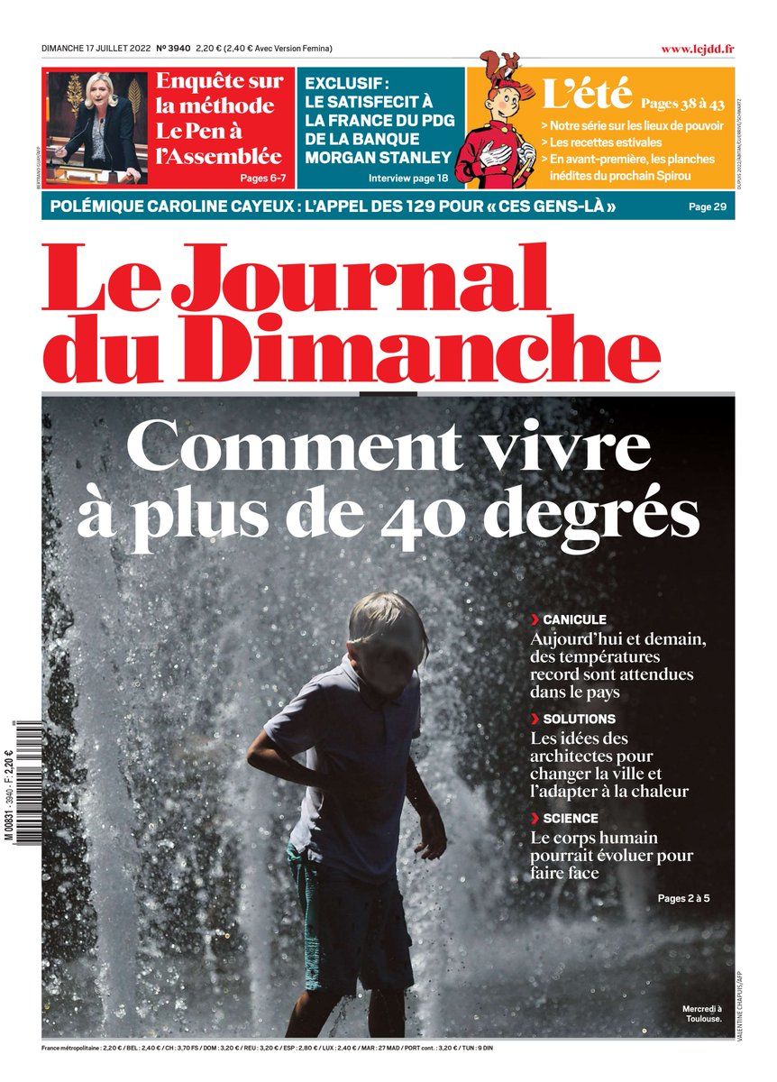 leJDD's tweet photo. Voici la une du JDD du dimanche 17 juillet
➡️Comment vivre à plus de 40 degrés
➡️Enquête sur la méthode Le Pen à l’Assemblée
➡️Polémique Caroline Cayeux : l’appel des 129 pour « ces gens-là »

Bon dimanche, bonne lecture ! https://t.co/Qrt9iKbZp8