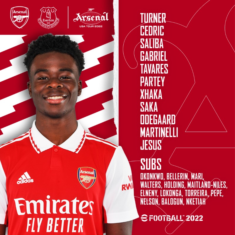 Arsenal's tweet photo. 🚨 Team news from Baltimore...

🇺🇸 Matt Turner in goal
🇫🇷 Saliba in at the back 
🇧🇷 Gabby makes his first start

COYG! 👊