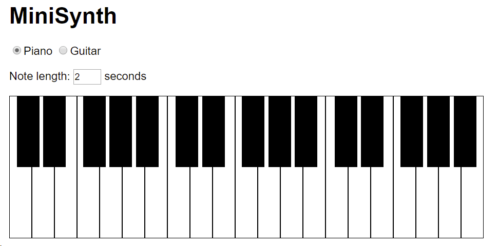 MaximeEuziere's tweet photo. Day 195:

(From #js1k 2019)

MiniSynth: my mini Piano and mini Guitar apps merged in a single 1kb demo with a visual keyboard.

Play: https://t.co/2tvYHbI8o1

Commented source code: https://t.co/ZrBEzOB5Qv

(you may need to adjust your zoom to see the black keys well aligned) https://t.co/m9BLzujmwD