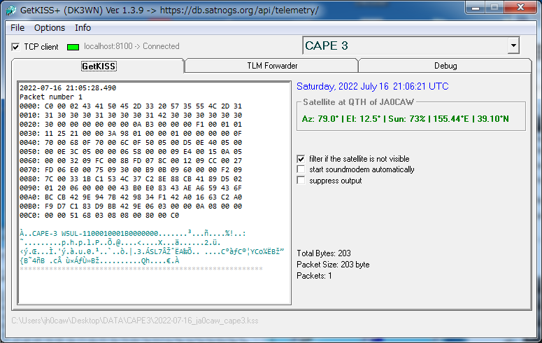 JA0CAW's tweet photo. GM ALL INSPIRESat-1 9K6 CAPE-3 1K2 Telemetry over Japan #inspiresat1 #cape3 #cubesats @SatNOGS https://t.co/tRfsvOwVXD