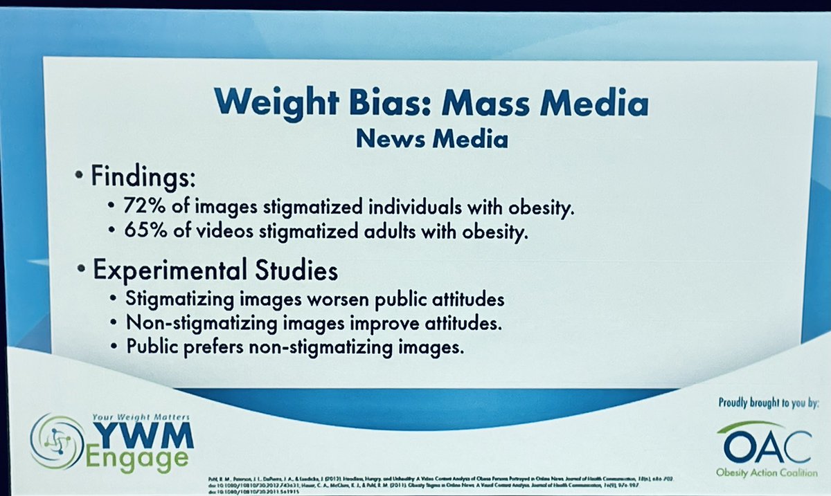 Media #weightbias is the painful subject of an enlightening talk by James Zervios and @pattynece at #YWM2022Engage. The images and numbers show how negatively those with #obesity are portrayed. Negative images contribute to bias, positive images reduce discrimination.