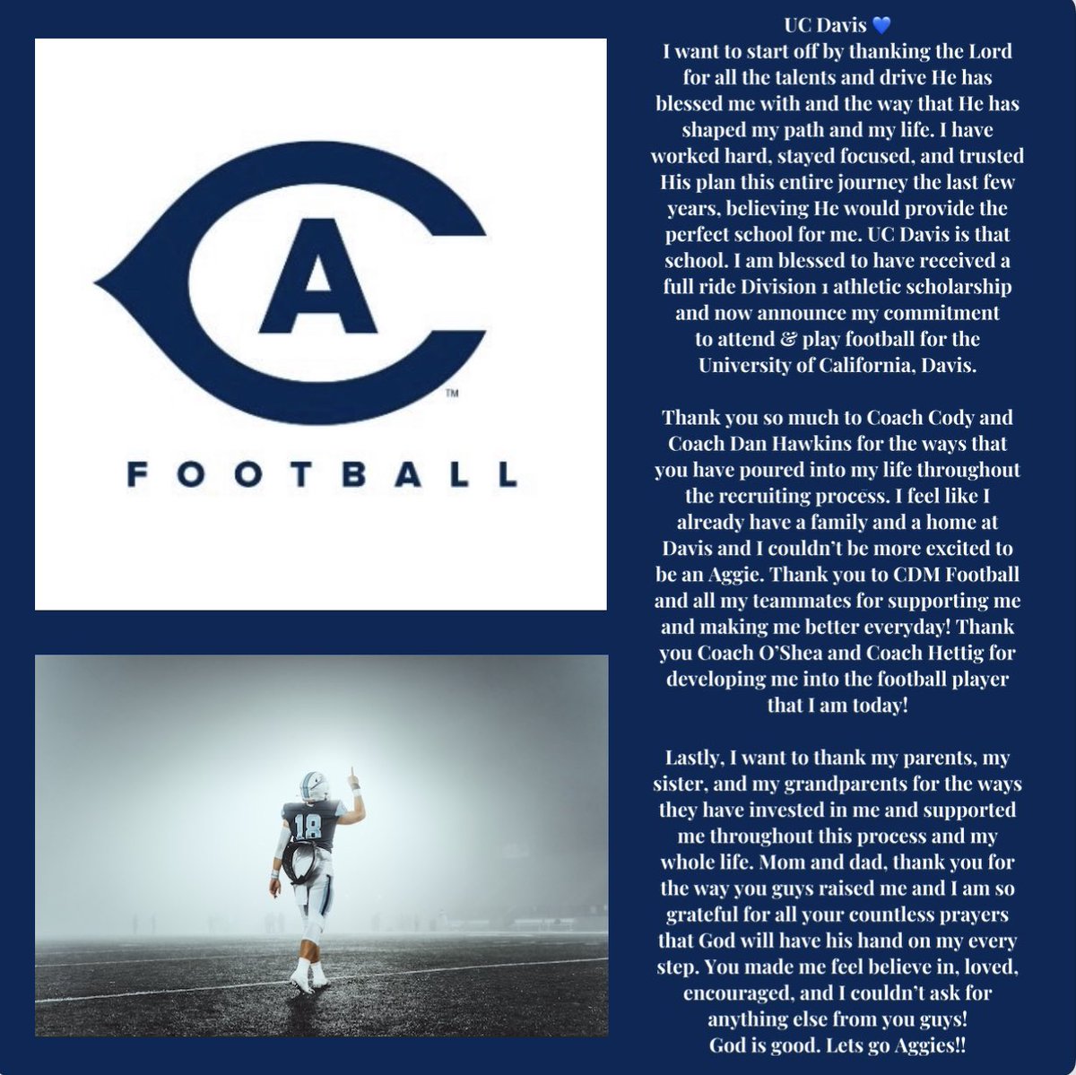 God is good. Committed! 💙 Let’s go Aggie Family!! <a href="/UCDfootball/">UC Davis Football</a> @CoachHawkinsUCD <a href="/CodyHawkins/">Cody Hawkins</a> <a href="/CDMFOOTBALL/">CDM Football</a>