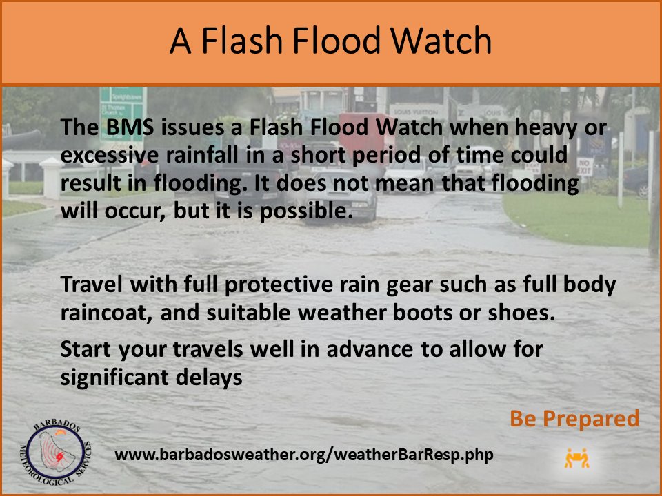 BarbadosMet's tweet photo. A FLASH-FLOOD WATCH REMAINS IN EFFECT FOR BARBADOS
For more information specific to your area, please visit:-
https://t.co/d8uxBi4Opn https://t.co/A9s19P7zj3