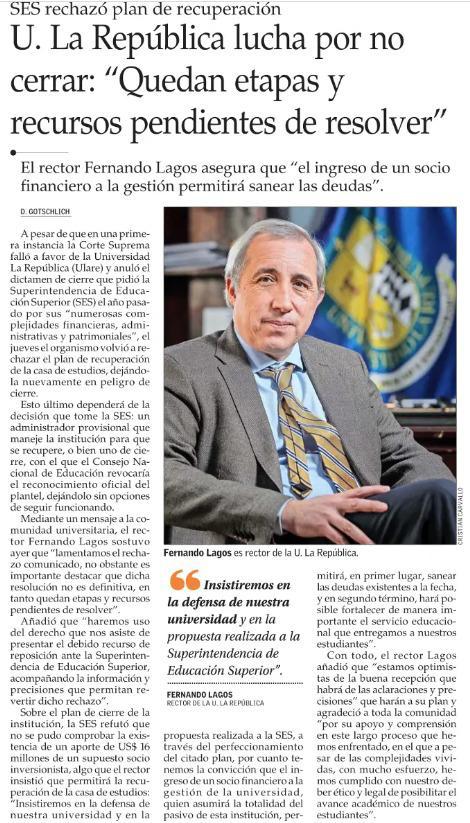 ularepublicacl's tweet photo. Compartimos el artículo aparecido hoy en El Mercurio, , a raíz del rechazo por parte de Superintendencia de Educación Superior al Plan de Recuperación presentado por Ulare. “Insistiremos en la defensa de nuestra universidad”, transmitió el rector, Fernando Lagos. https://t.co/2Qjb6J8gsu