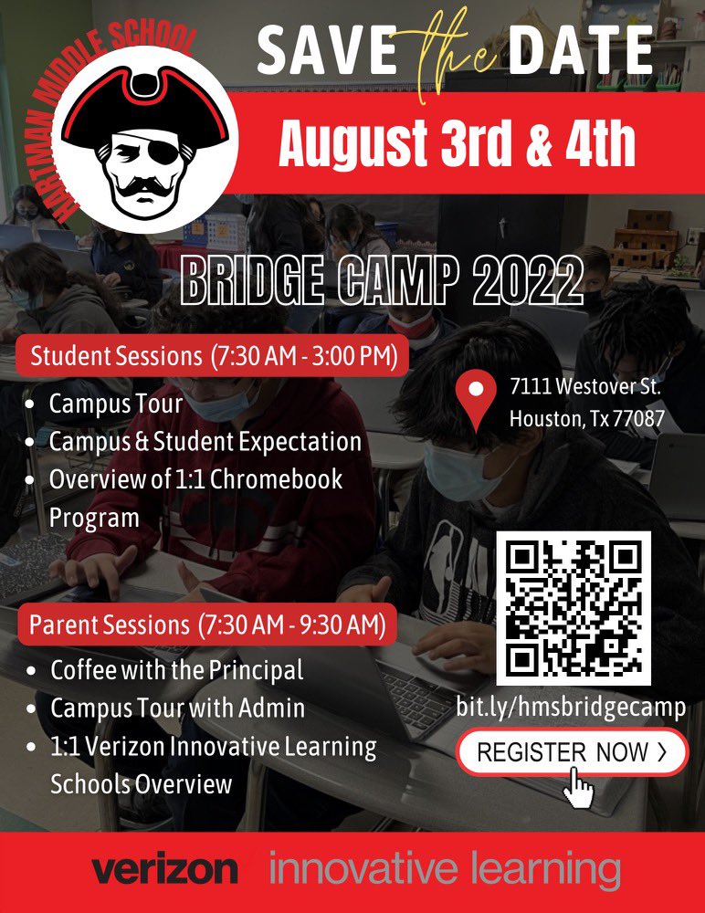 KatinaT73444785's tweet photo. Calling all incoming 6th Graders. Bridge Camp 2022 is here. Hartman is waiting to help you make a smooth transition. Please scan the QR Code to reserve your spot. See you soon. @GJVstate @hartman_ms @Bridget34411917 @MsJEvans_HMS @A_TechEdventure https://t.co/Fu0bkClvjM