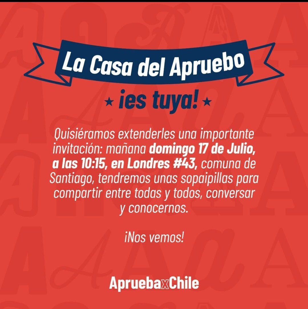 ❤️ Atención!!!! Les tengo una invitación que nos hicieron llegar, para mañana domingo en la calle
Londres # 43 10:15 a la #CasadelApruebo, a comer unas ricas sopaipillas, no te pierdas esta gran invitación que nos hace llegar el comando <a href="/AprueboxChile/">AprueboxChile</a>
#AprueboXAmor ❤️