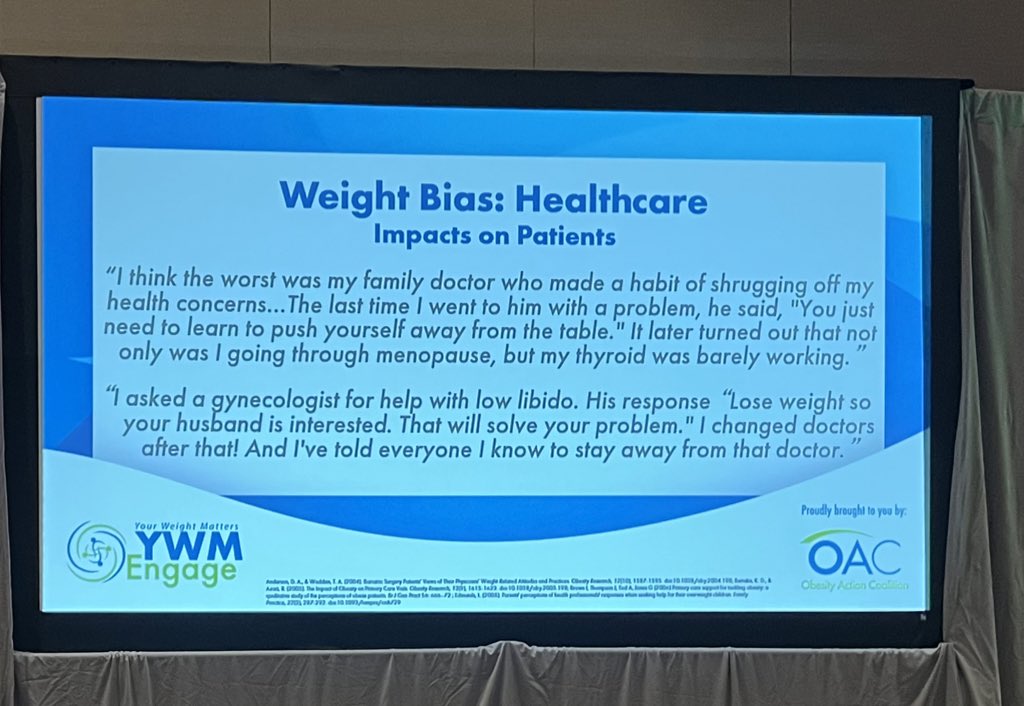 Weight bias in healthcare. Patients who have experienced weight bias are less likely to seek preventative care, and more likely to delay or cancel appointments. #ywm2022engage