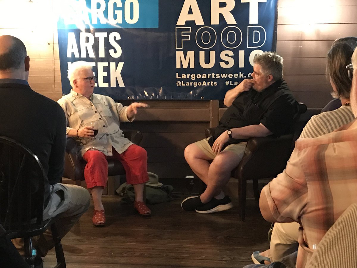 LargoArtsWeek's tweet photo. The fabulous @valmcdermid interviewed by the equally fabulous @PhilJupitus introduced and awarded Ambassadors of Fife status by @David_Mach An intimate evening of good food &amp; conversation in @crusoe_the Brilliant start to @LargoArtsWeek A great community festival. #fifemademe https://t.co/BbsdJUIJgI