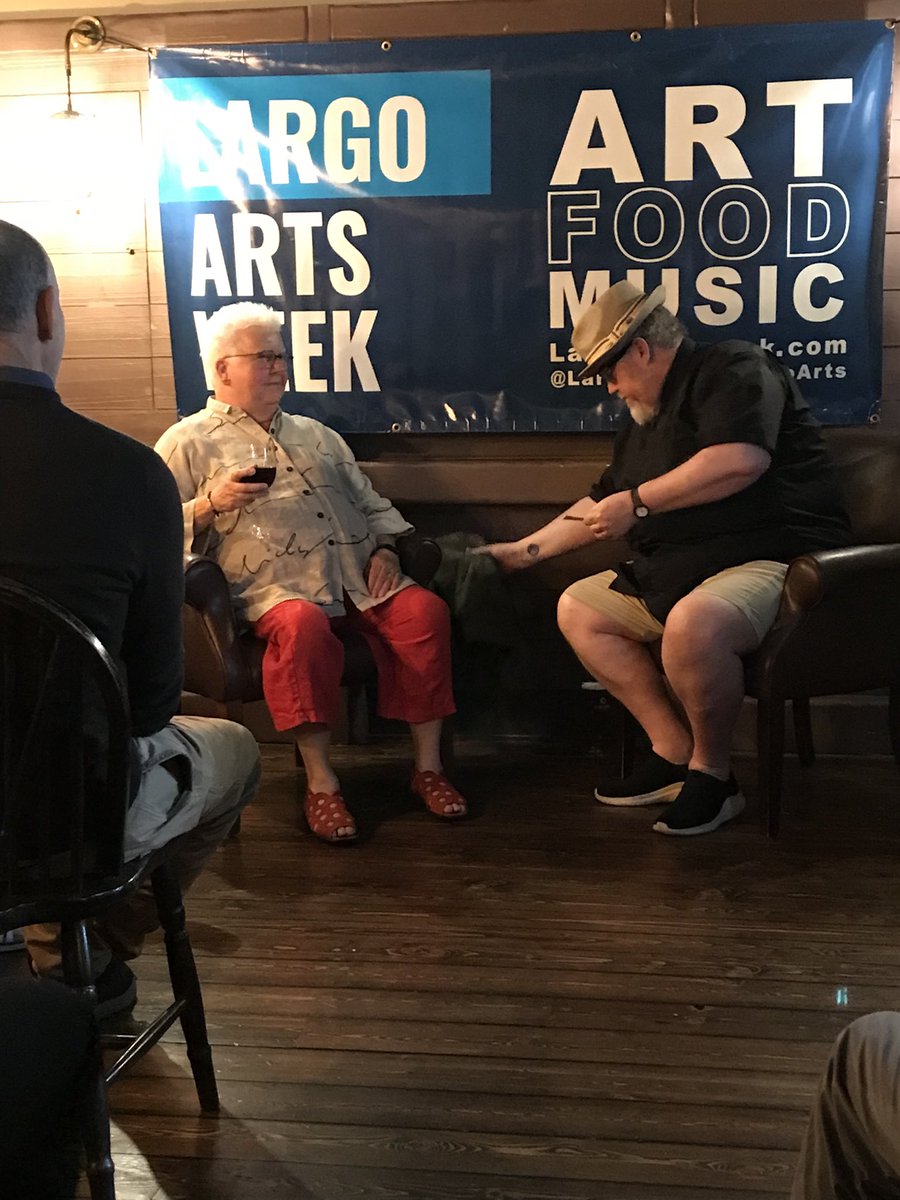LargoArtsWeek's tweet photo. The fabulous @valmcdermid interviewed by the equally fabulous @PhilJupitus introduced and awarded Ambassadors of Fife status by @David_Mach An intimate evening of good food &amp; conversation in @crusoe_the Brilliant start to @LargoArtsWeek A great community festival. #fifemademe https://t.co/BbsdJUIJgI