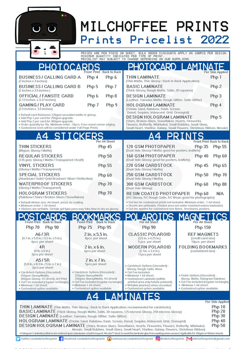 milchoffeeprint's tweet photo. Milchoffee Print 2022 Pricelist
#printing #pricelist #photocards #stickers #A4prints #postcards #bookmarks #photostrips #polaroids #magneticprints #customizedprints #laminates
Link of HD copy of pricelist:
tinyurl: MCFP2022Pricelist https://t.co/DCPMPKfg6W https://t.co/SWtDkNd3kC