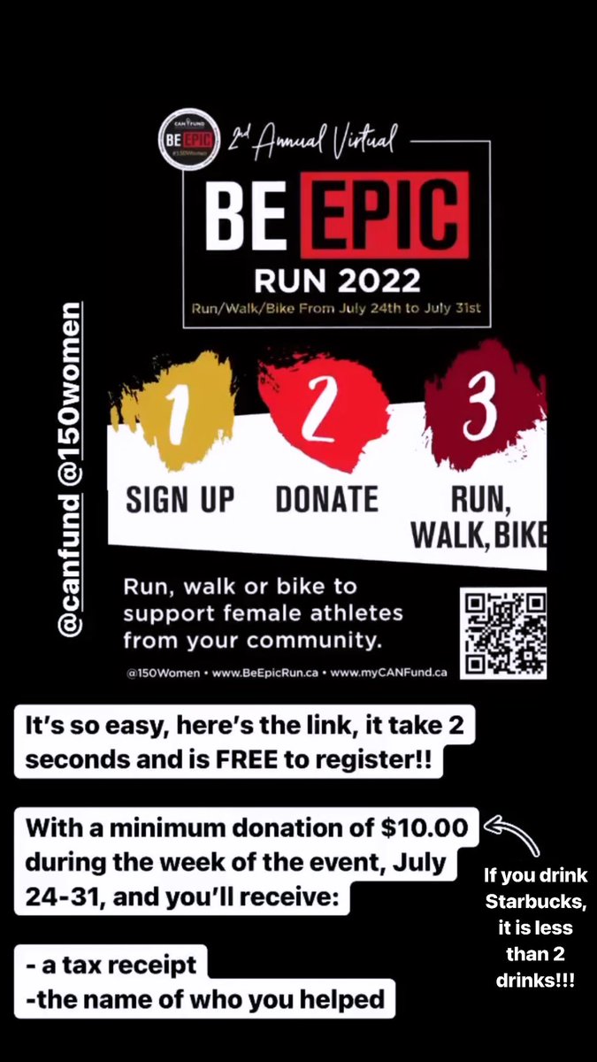 It takes 2 minutes, registration is FREE!
Donate $10 or more during the event, receive a TAX RECEIPT and the NAME of the athlete you helped! 2 coffees cost MORE than what it costs to make an IMPACT! <a href="/CANFUND/">CAN Fund</a> <a href="/150women/">CAN Fund #150Women</a>  #BeEpicRun Link to register:
beepicrun.ca/register-here