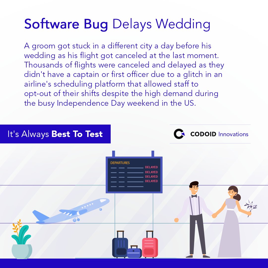 codoid's tweet image. Software Bug Delays Wedding

A groom got stuck in a different city a day before his wedding as his flight got canceled at the last moment. 

It&apos;s Always Best To Test

#codoid #alwaysbesttotest #besttotest #softwareglitch #softwarebugs #softwareissues #unitedstates #airplaneglitch