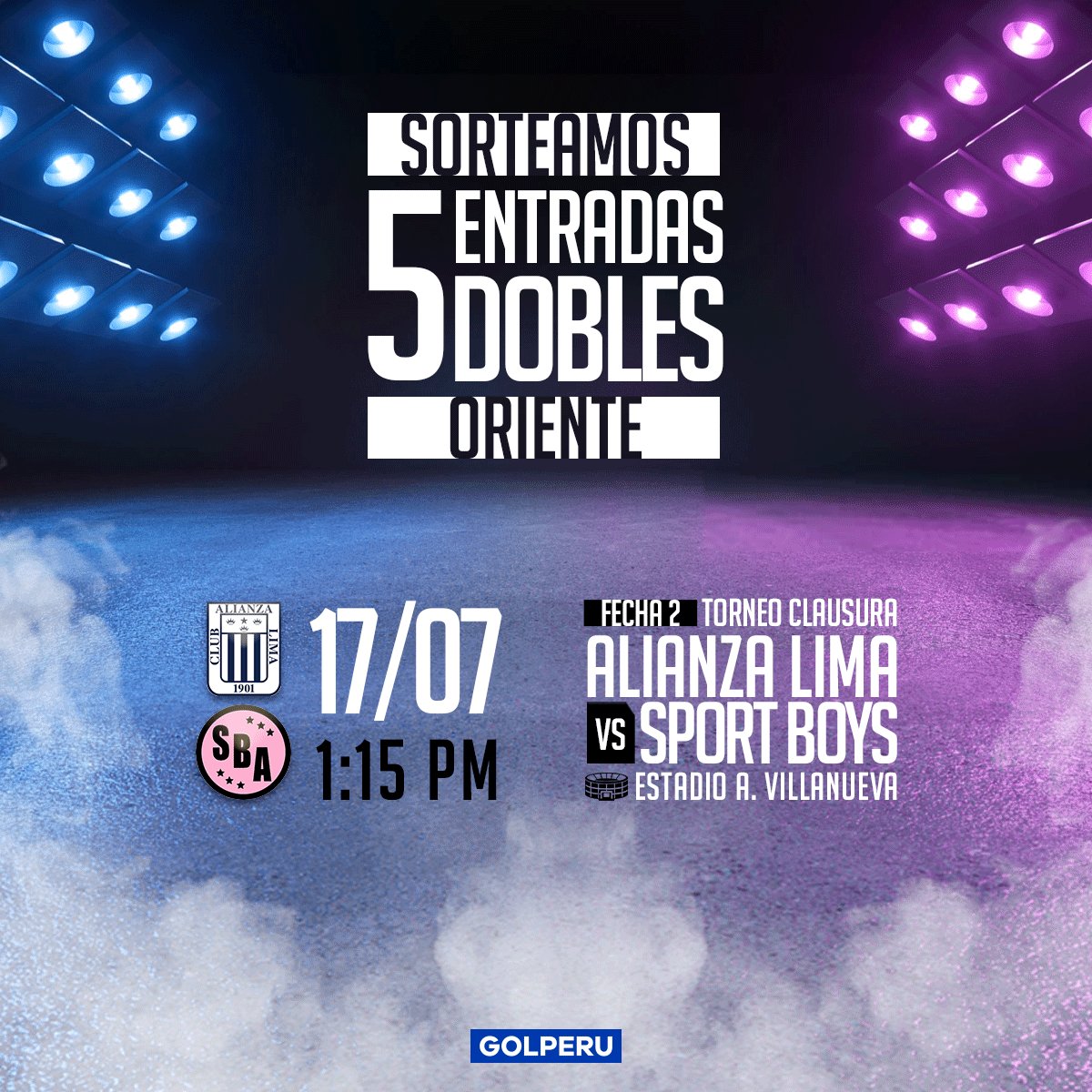 ⚠️ ¡SORTEO FLASH! Regalamos 5 entradas dobles 🎟️🎟️ para un partidazo con historia: <a href="/ClubALoficial/">Club Alianza Lima</a> ⚪🔵 vs <a href="/sportboys/">Club Sport Boys Association</a> 💗.

Requisitos:
1️⃣ Sigue a <a href="/GOLPERUoficial/">GOLPERU</a>.
2️⃣ Dale RT y me gusta a esta publicación.
3️⃣ Utiliza el HT #SORTEOXGOLPERU y etiqueta en los comentarios a un amigo.