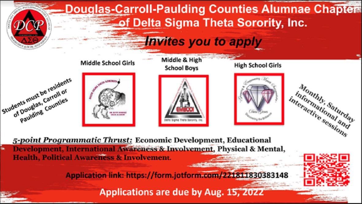 DCPdeltas's tweet photo. Douglas Carroll Paulding Counties Alumnae Chapter’s Delta Academy￼, Embodi, and Delta GEMS programs is excepting applications for the 2022-23 SY. All returning and new applicants must submit an application click here to apply￼: https://t.co/BCXbjTdGIz https://t.co/P70sekh1Xa