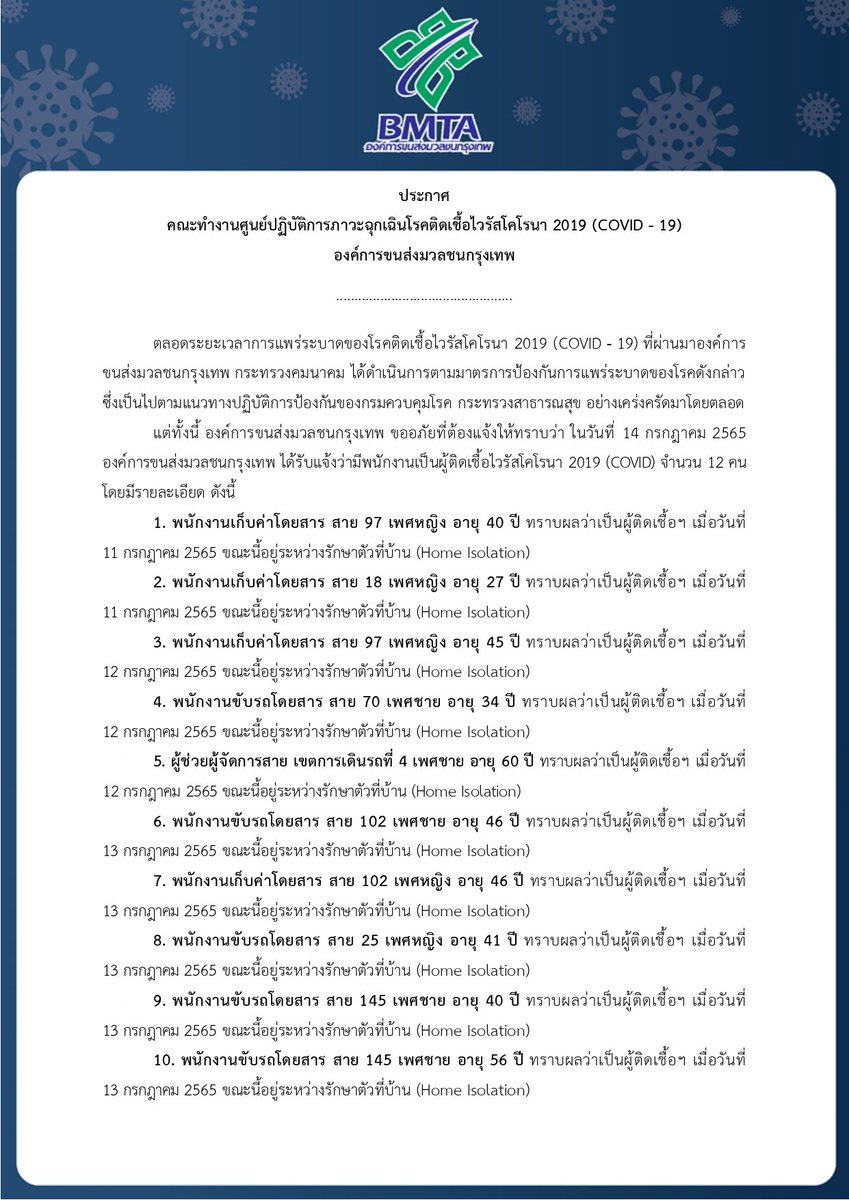 BMTA_official's tweet photo. ประกาศคณะทำงานศูนย์ปฏิบัติการภาวะฉุกเฉินโรคติดเชื้อไวรัสโคโรนา 2019 (COVID - 19) กรณี พบพนักงาน เป็นผู้ติดเชื้อฯ จำนวน 12 ราย https://t.co/8sv0bTy4YO