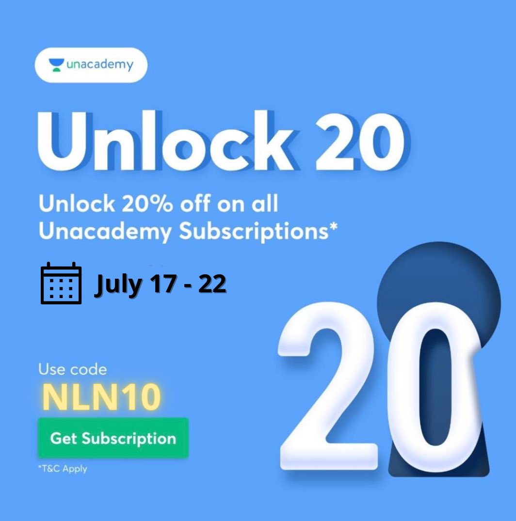 MiskiFans's tweet photo. #Unlock20 is back from July17th 6:00pm sharp..Subscribe to #Unacademy with my referal #NLN10 and get #Flat20% discount on all Subscriptions…Join my Comprehensive Course starting from July 21st..RT Plzz to reach Aspirants.. https://t.co/llzltVBK1B
