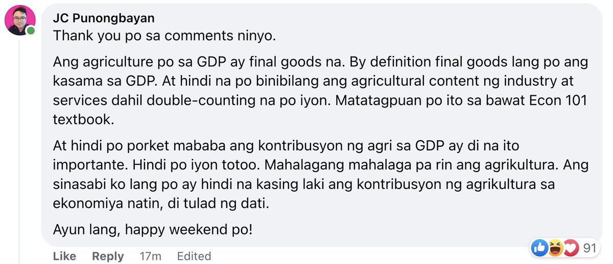 jcpunongbayan's tweet photo. Response ko kay former agri secretary Manny Piñol who reacted to my "we are not an agricultural country" post and in the process called me a "swivel-chair economic expert" in his FB. 😂 Happy weekend po! https://t.co/qeAykz5qlp