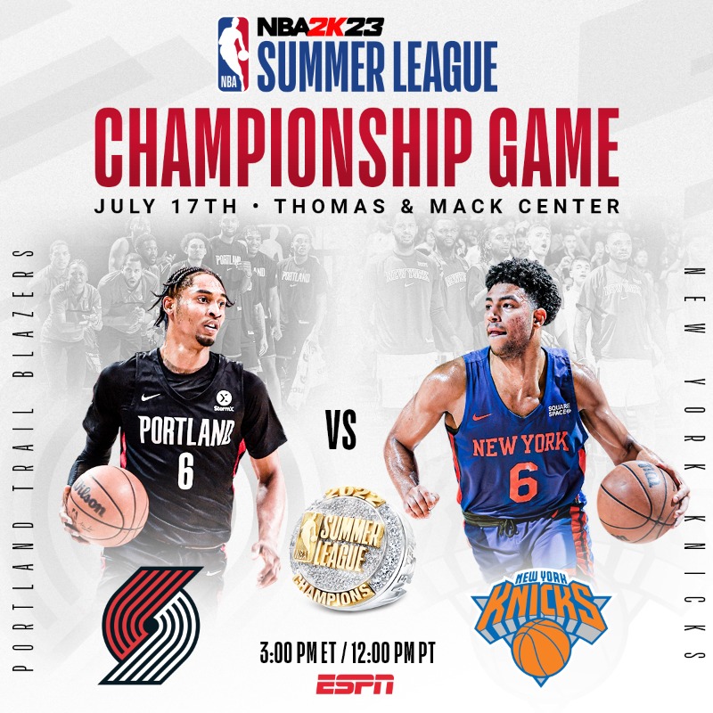 NBASummerLeague's tweet photo. 🗣️CHAMPIONSHIP DAY!

🕧: 12:00PM PT 
@trailblazers 🆚 @nyknicks
📺 : @ESPNNBA
